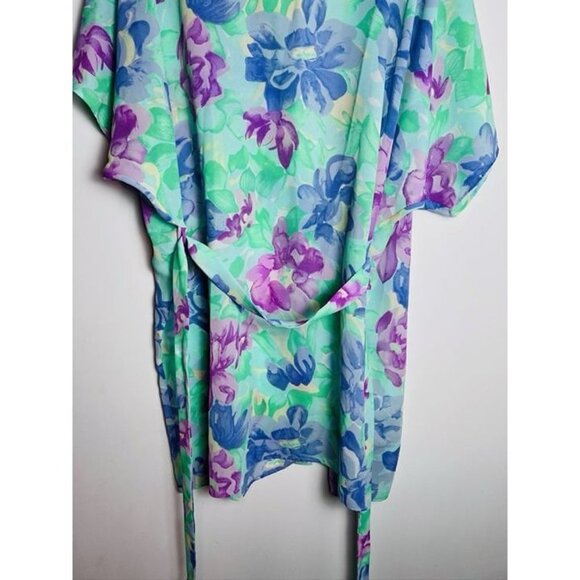 Val Mode Kimono Robe Purple Floral with Belt Short Sleeve Polyester Medium - Picture 6 of 10